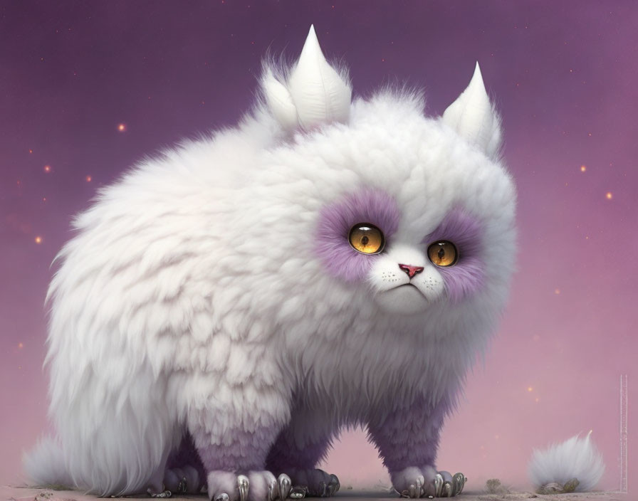 Fluffy white fantasy cat with amber eyes on starry background