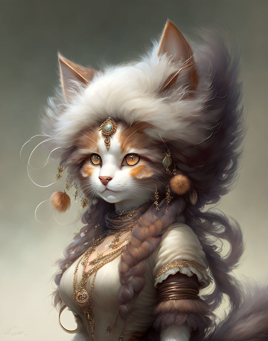 Fluffy anthropomorphic cat with amber eyes and golden jewelry in cream outfit