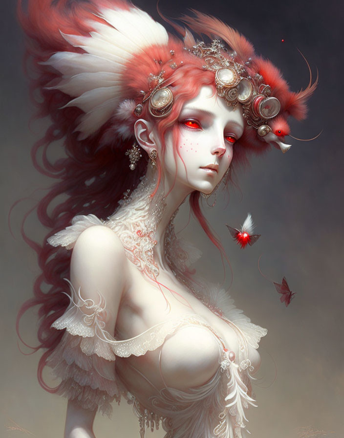 Fantastical female figure with red hair and butterflies