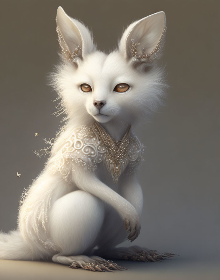 Whimsical white fox-like creature with intricate patterns and jewelry