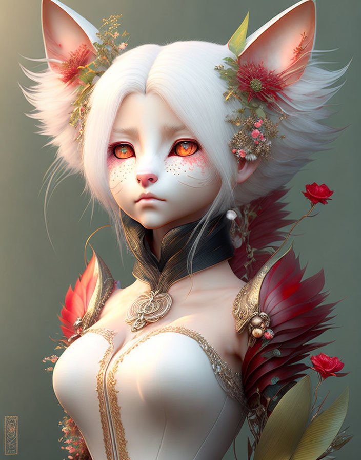 White Fox Character with Red Eyes, Flowers, Golden Jewelry, and Red Feathers