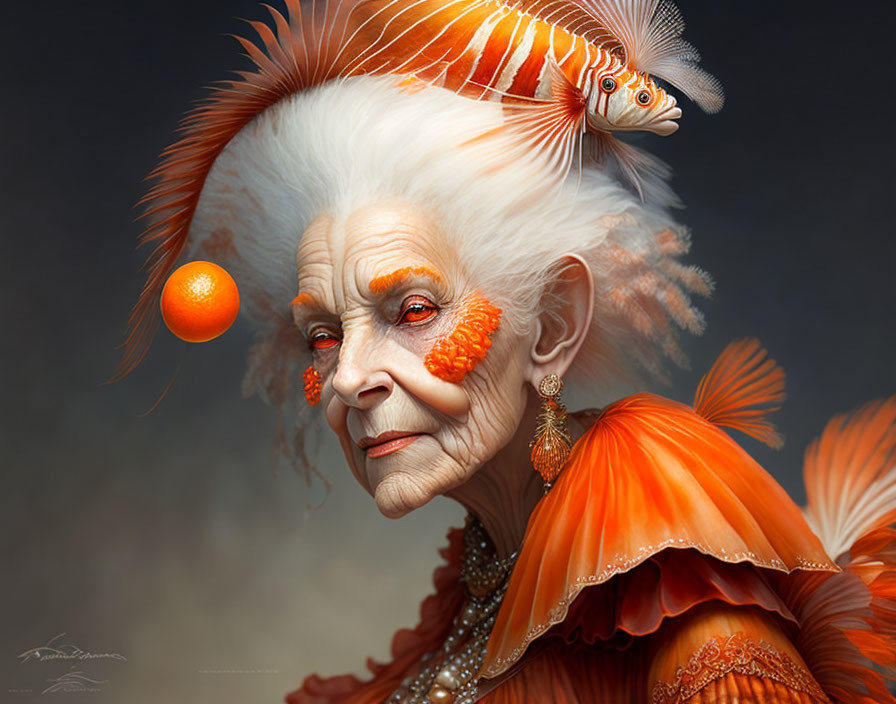 Elderly woman with fish-like features juggling orange ball