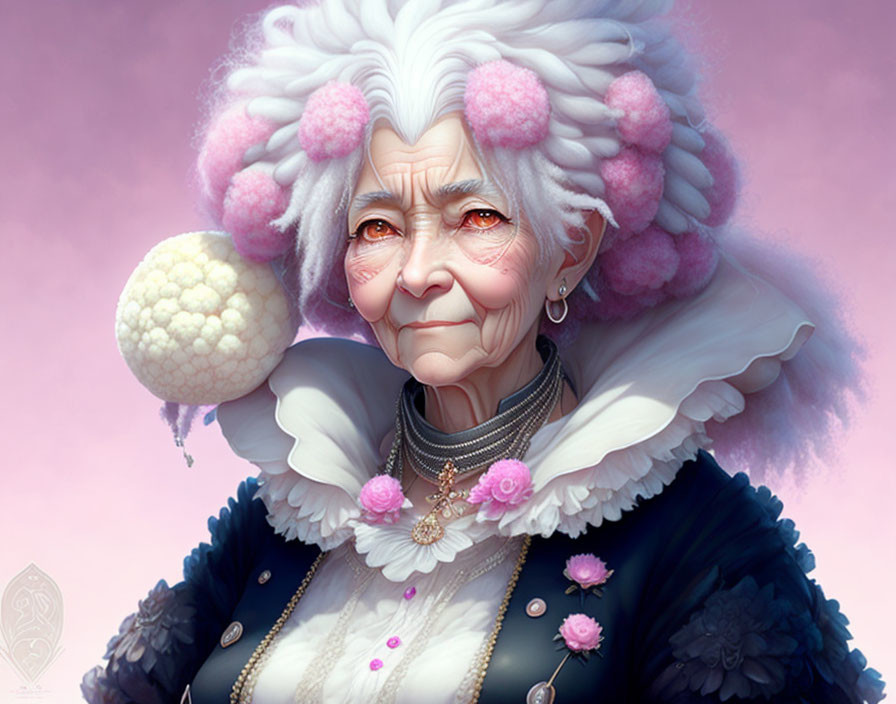 Elderly animated woman with cauliflower hair and floral accessories in dark dress.