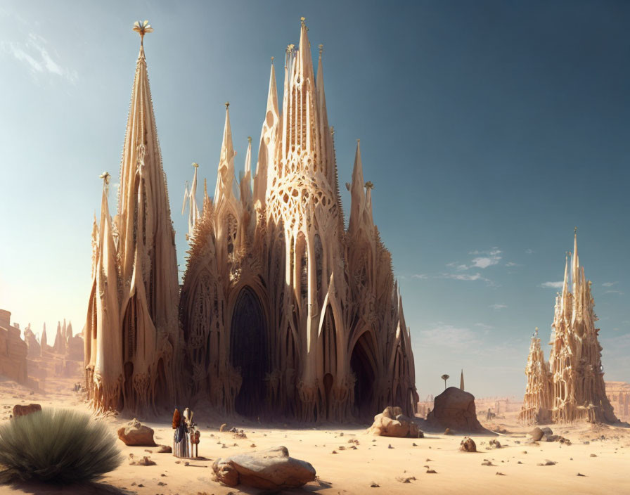 Gothic sandstone cathedrals in desert landscape