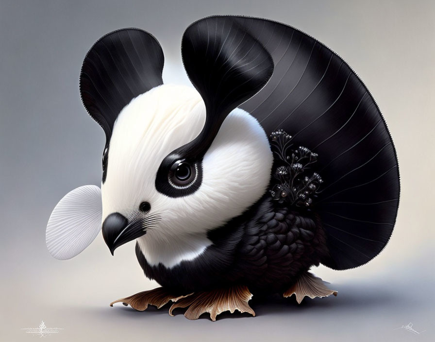 Fluffy white and black creature with round ears and peacock feather tail blowing bubble