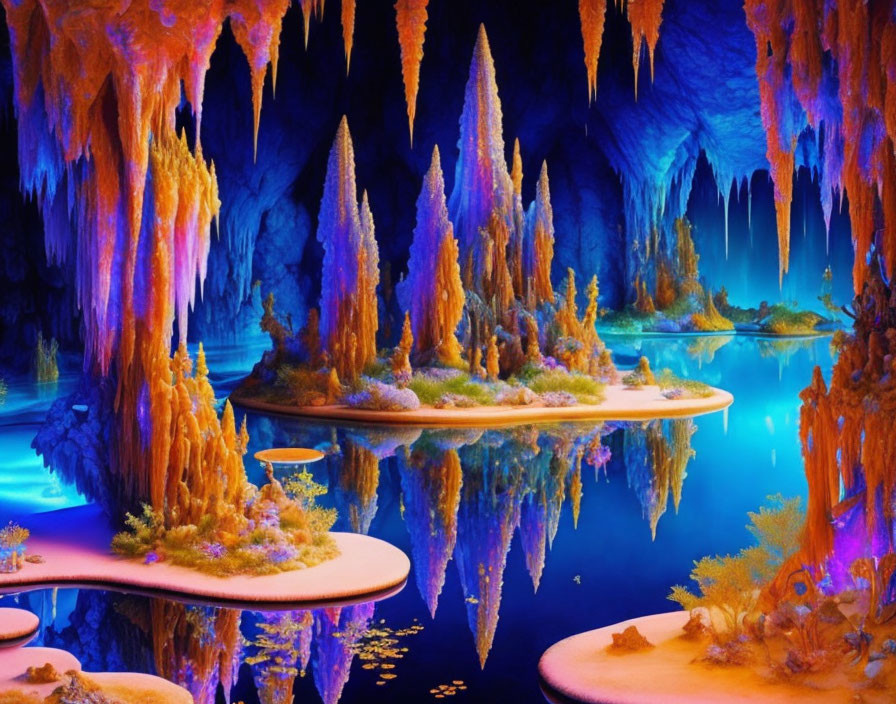 Colorful Fantasy Cave with Neon Blue and Orange Hues