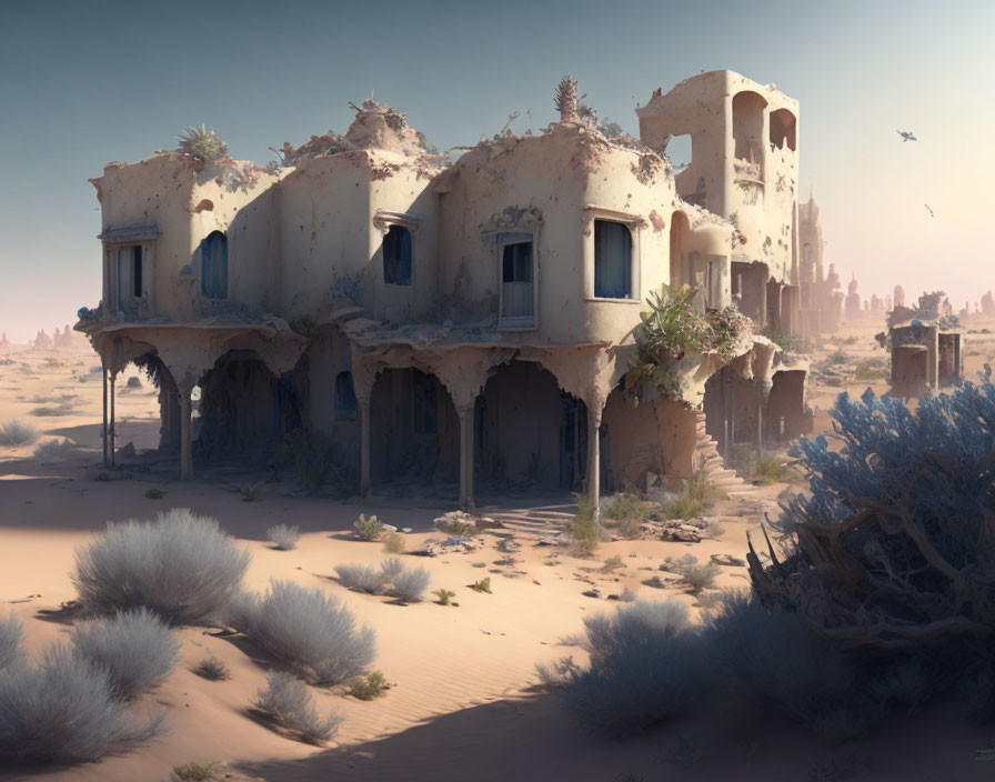 Desert landscape with abandoned buildings, sand dunes, and distant ruins