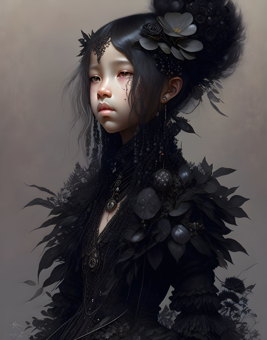 Elaborate Dark Attire and Jewelry on a Mystical Girl