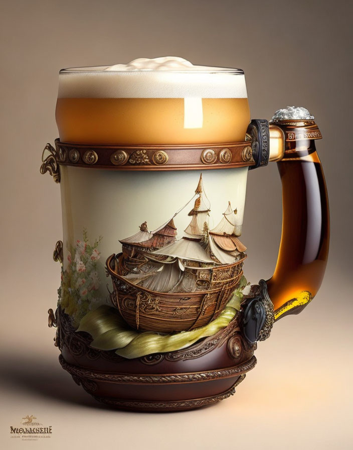 Detailed Ship and Sea Design Beer Stein with Foamy Top and Artistic Handle