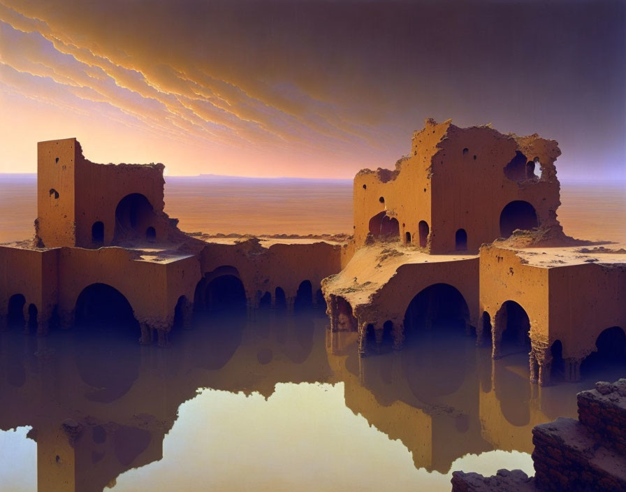 Ancient ruins mirrored in water at sunset with dramatic clouds