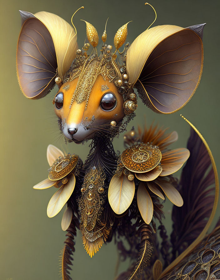 Fantasy creature with large ears and golden headpieces in steampunk style