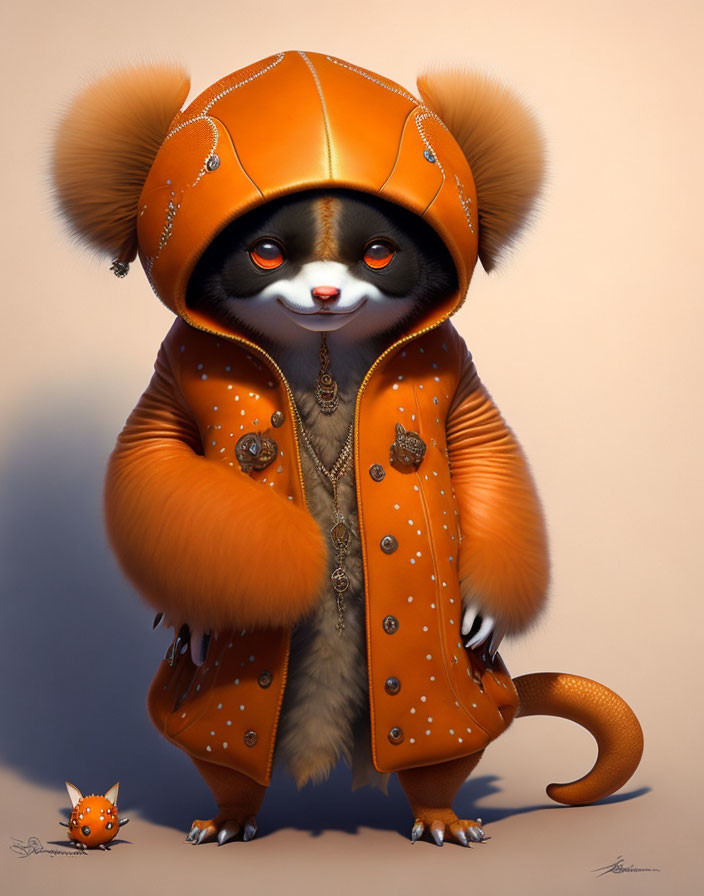 Stylized lemur-like creature in ornate orange jacket beside small round companion