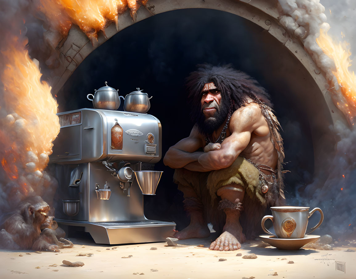 Puzzled caveman with monkey and teacup next to espresso machine in flames