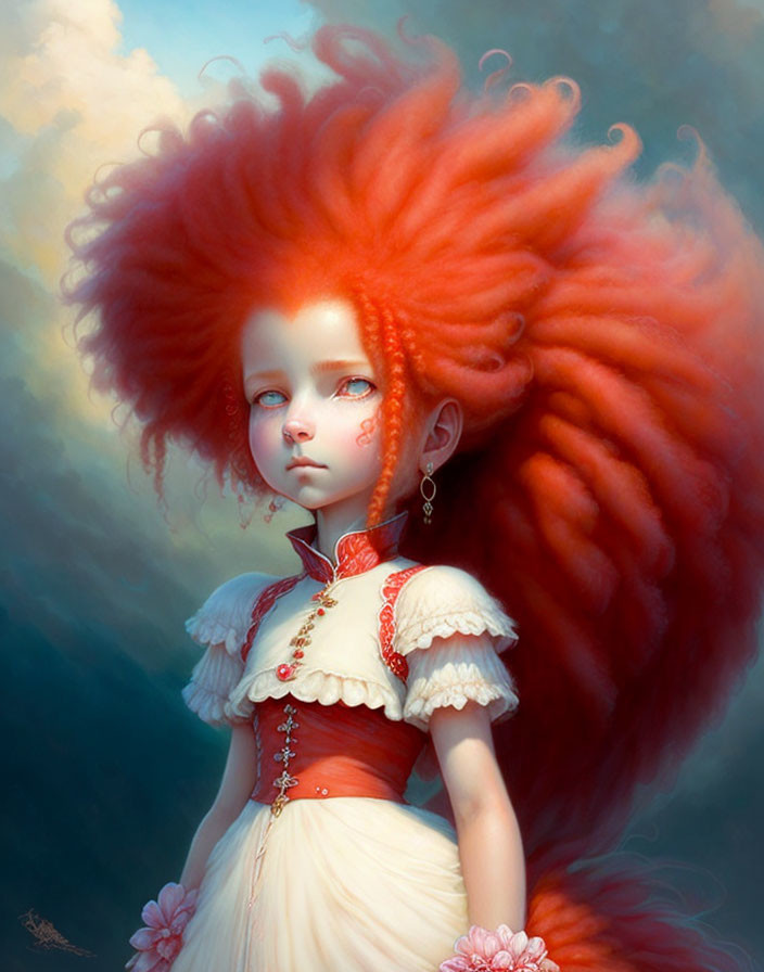 Digital artwork featuring girl with red hair, Victorian dress, and enigmatic expression