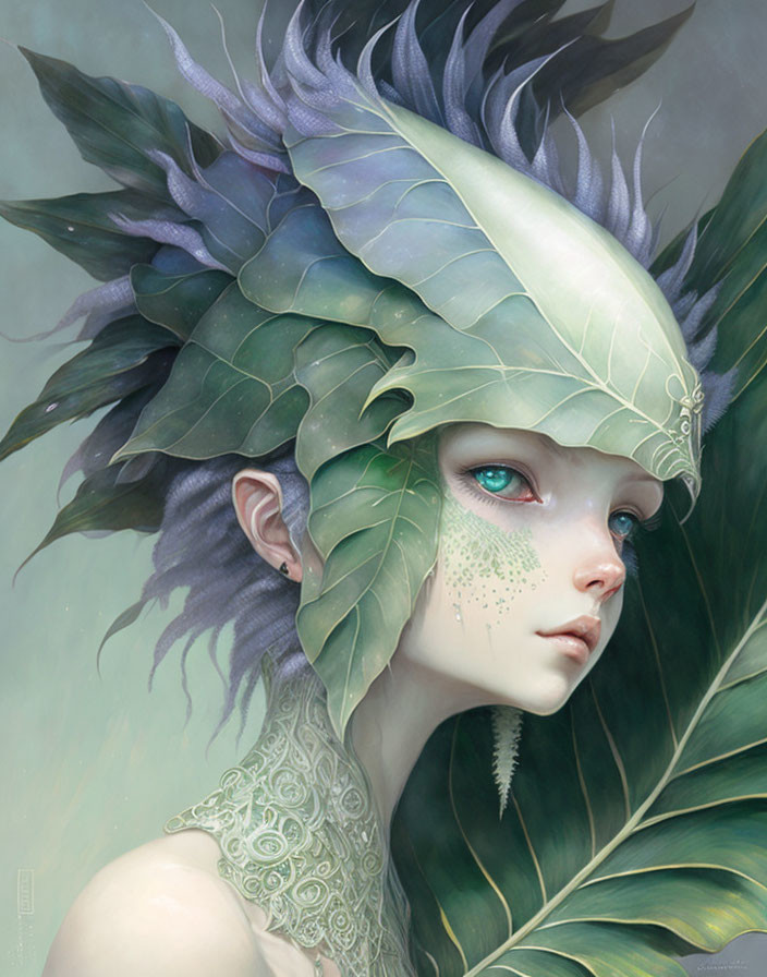 Fantasy illustration of female character in leafy armor and feather headpiece