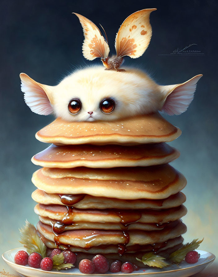 Fluffy creature on pancake stack with butterfly, digital art.