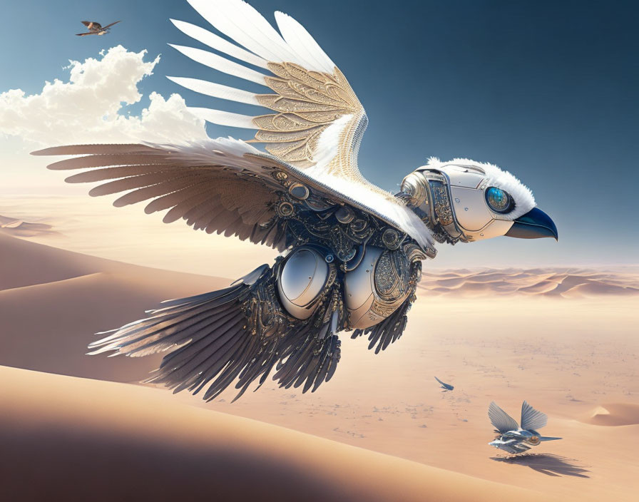 Mechanical bird with white feathers soaring over desert landscape