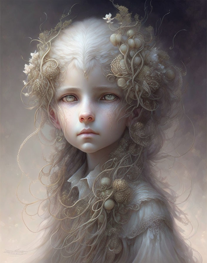 Digital artwork featuring a child with pale skin and intricate white-golden hair