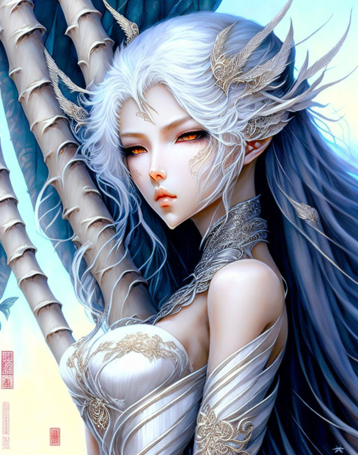 Fantasy character with white hair and silver armor in bamboo setting