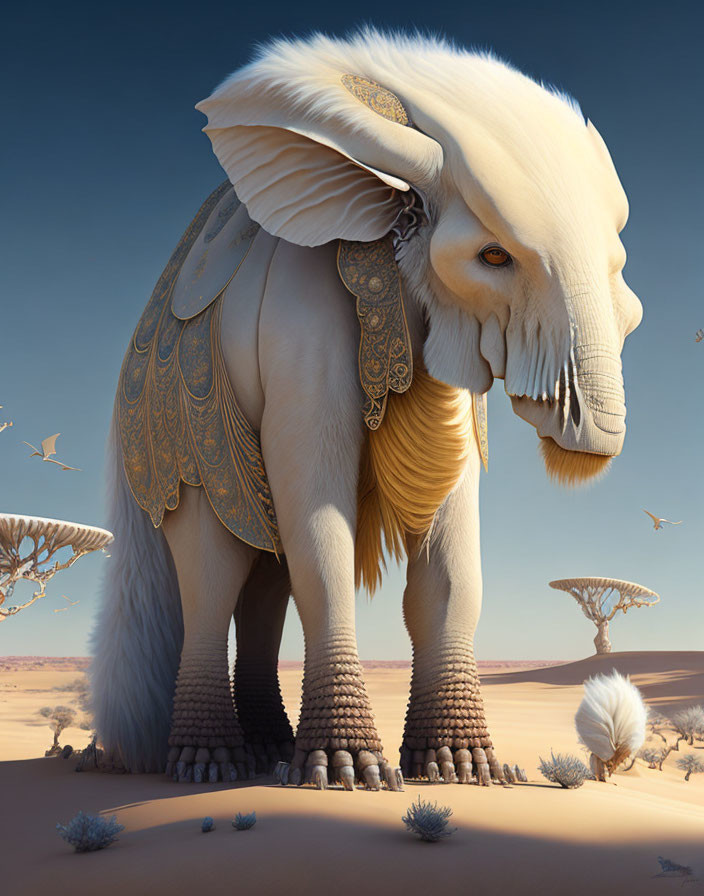 Elephantine creature in golden armor with wing-shaped ears in desert landscape