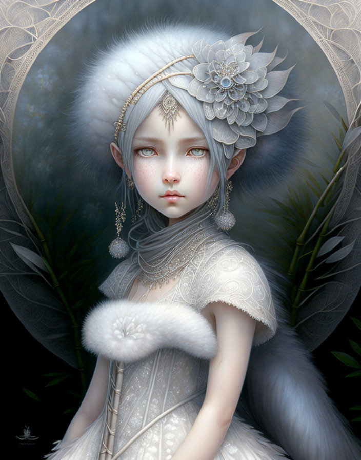 Fantasy illustration of young girl in white regal attire against dark botanical backdrop