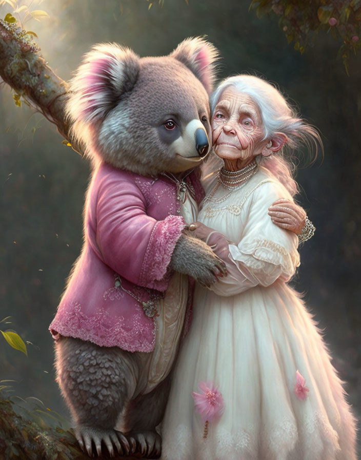 Elderly woman in cream dress hugging koala in pink jacket in nature setting