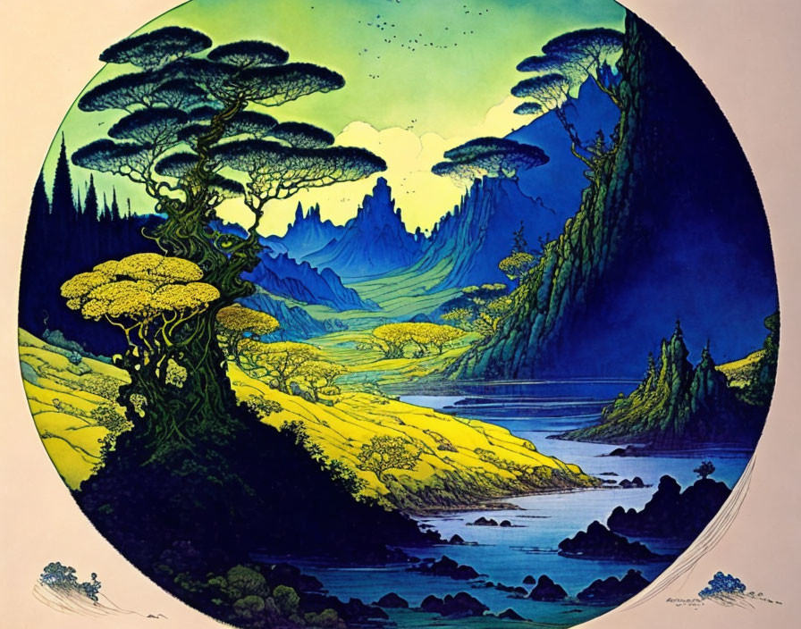 Colorful Round Illustration: Fantastical Landscape with Pine Trees, River, Mountains, Starry