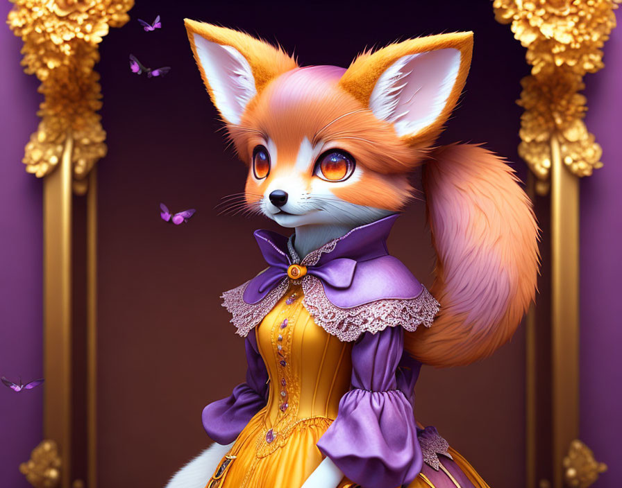 Elegant anthropomorphic fox in Victorian-inspired attire with fluttering butterflies