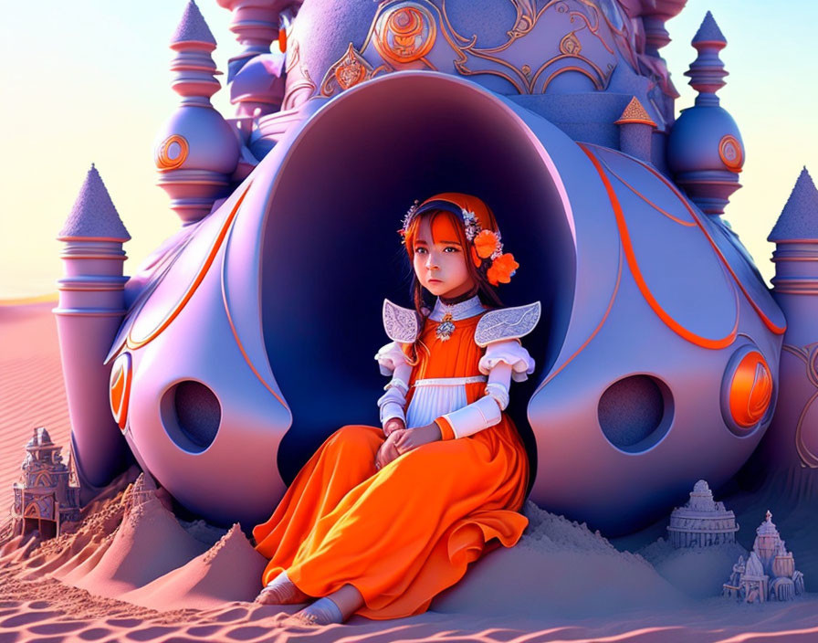 Red-haired girl in orange dress sitting in pod-like structure in fantastical sandy landscape.