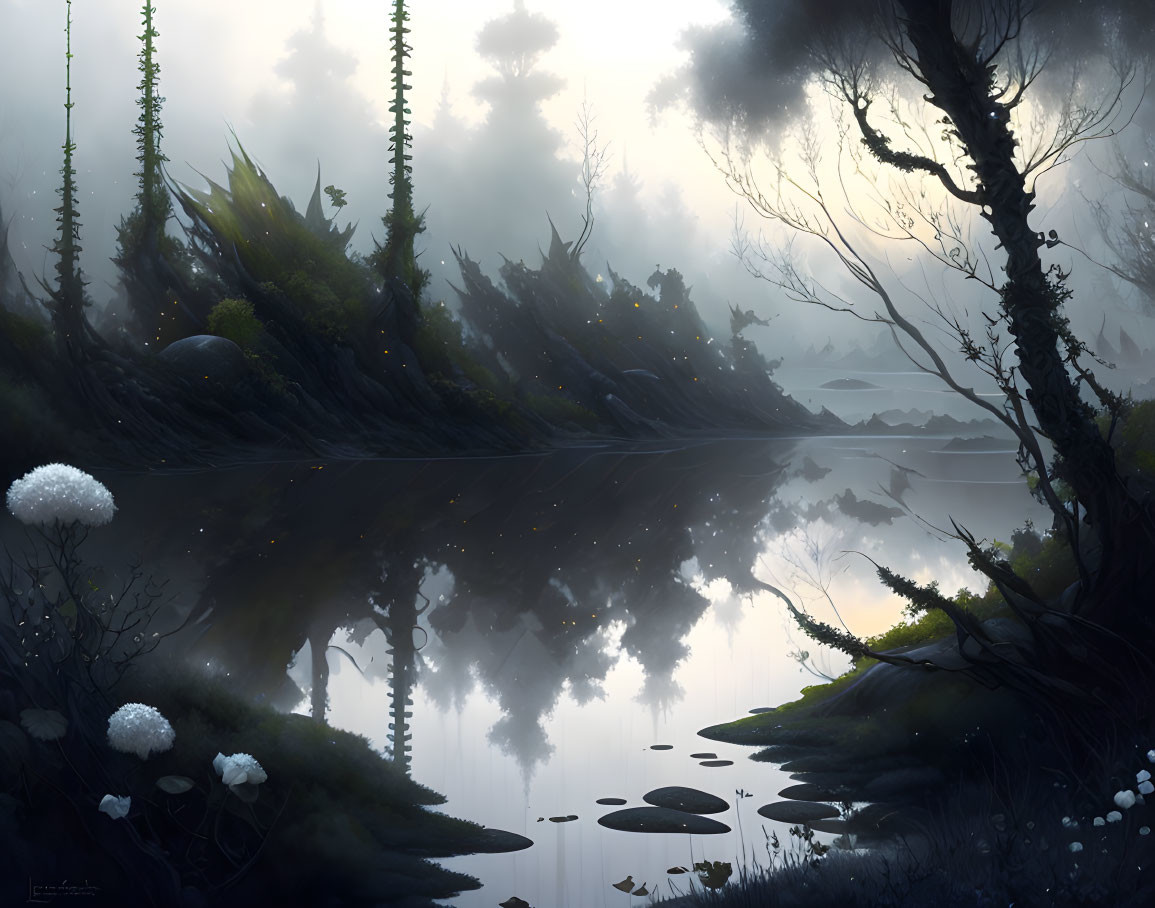 Ethereal Twilight Scene: Misty Forest, Serene Lake & Intricate Flora