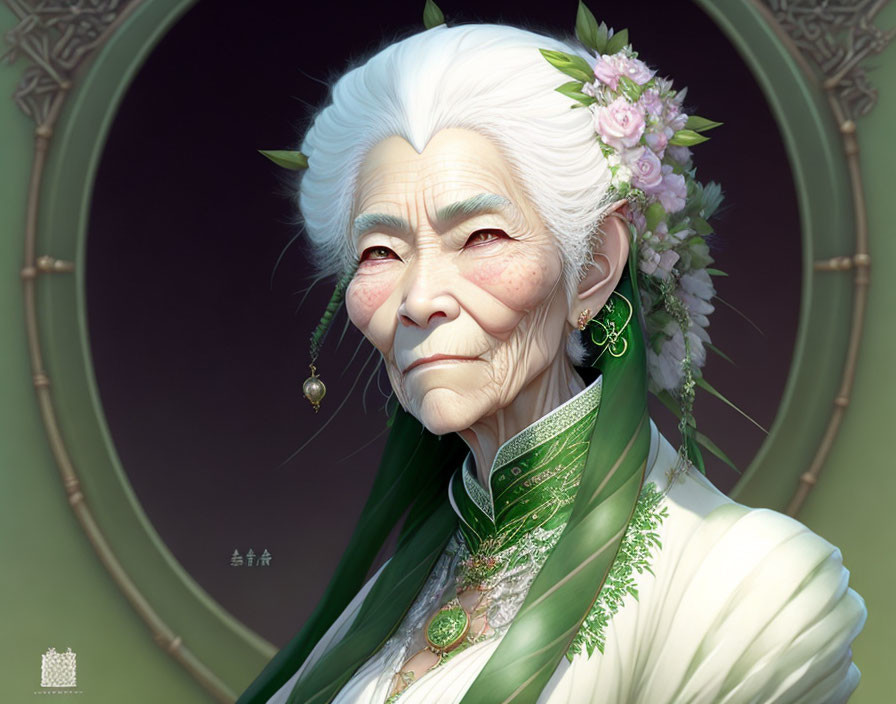 Elder Woman in White Hair and Elegant Green Attire Smiling gently