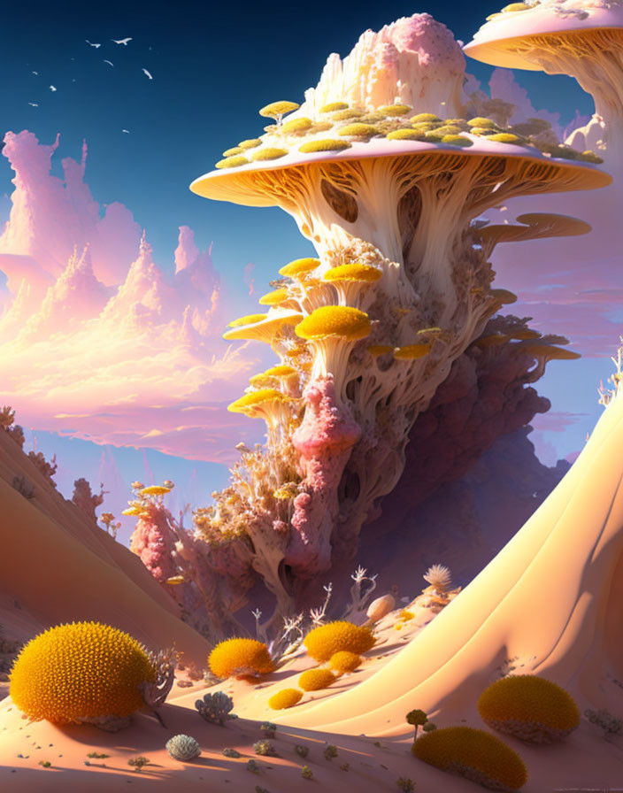 Whimsical landscape with mushroom-like structures and unique flora