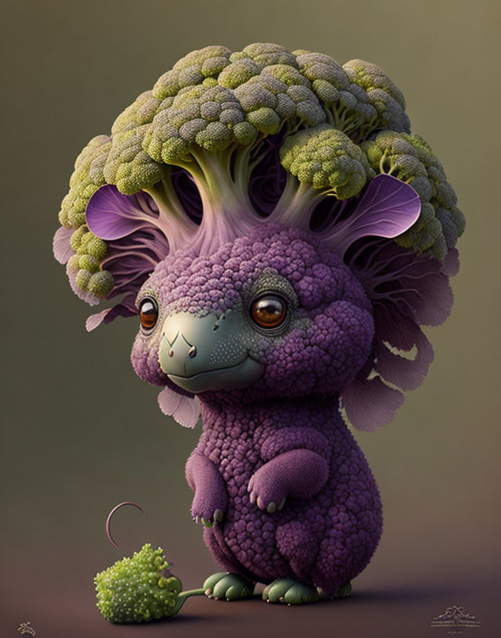 Purple furry creature with broccoli crown and expressive eyes.