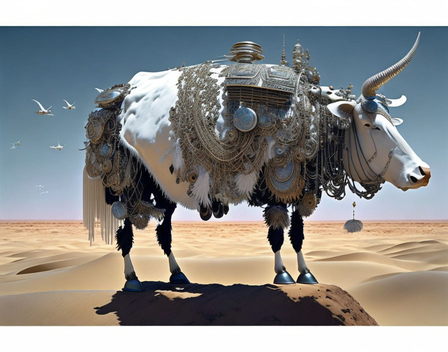 Intricate metallic bovine creature in desert landscape with flying birds