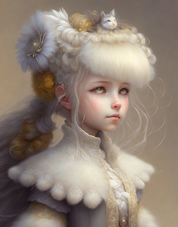 Digital Artwork: Girl with Expressive Eyes, Fancy Hat, and White Cat