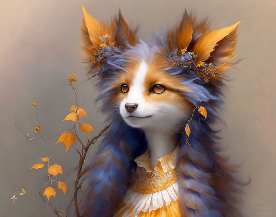 Anthropomorphic fox illustration with expressive eyes and floral ears.