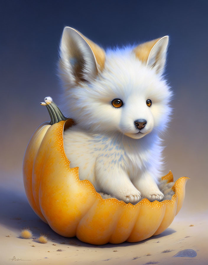 White Fantasy Puppy in Orange Pumpkin with Bird