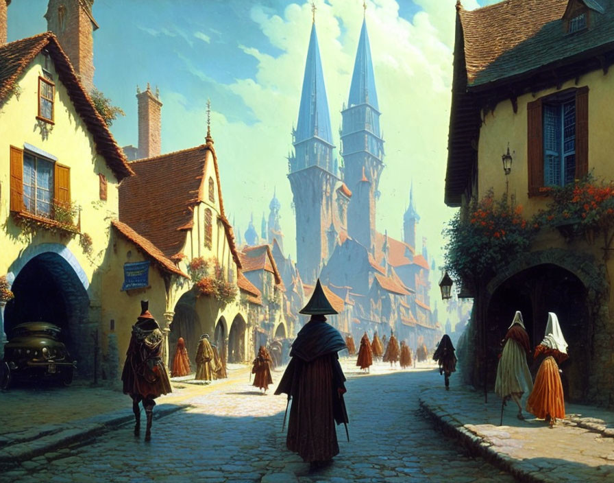 Medieval fantasy town street with cloaked figures, cobblestone paths, and tall spires