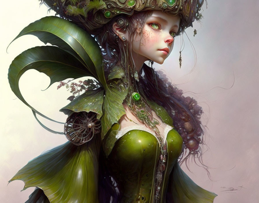 Ethereal woman in green nature attire with foliage and jewelry