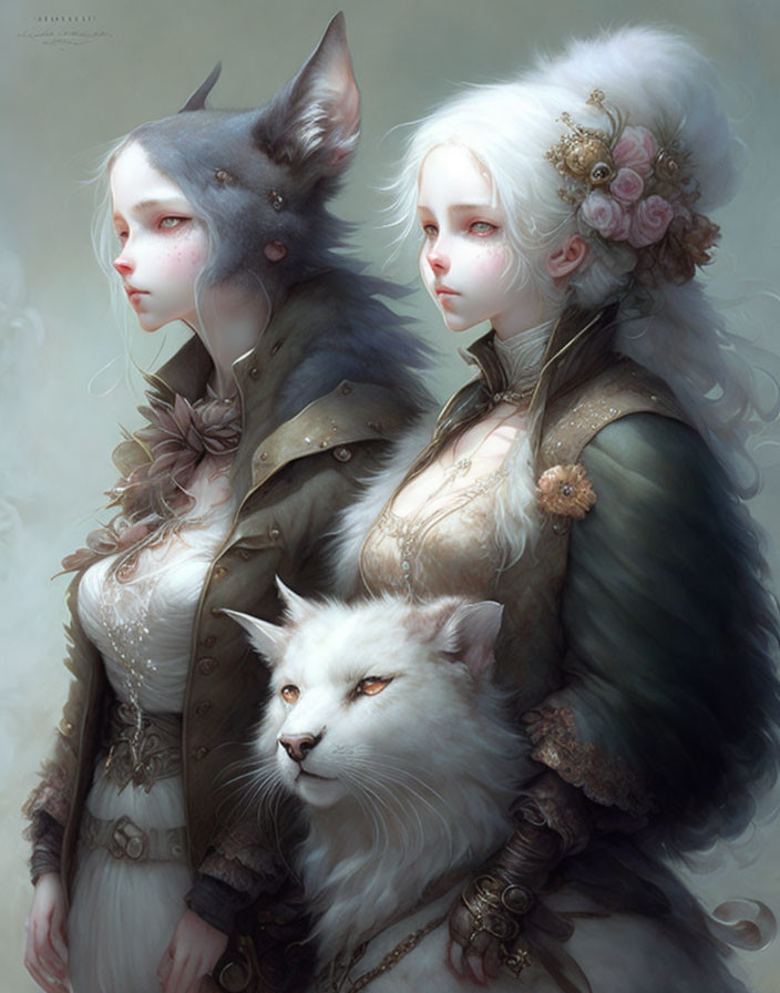 Ethereal fantasy illustration of characters with animal features