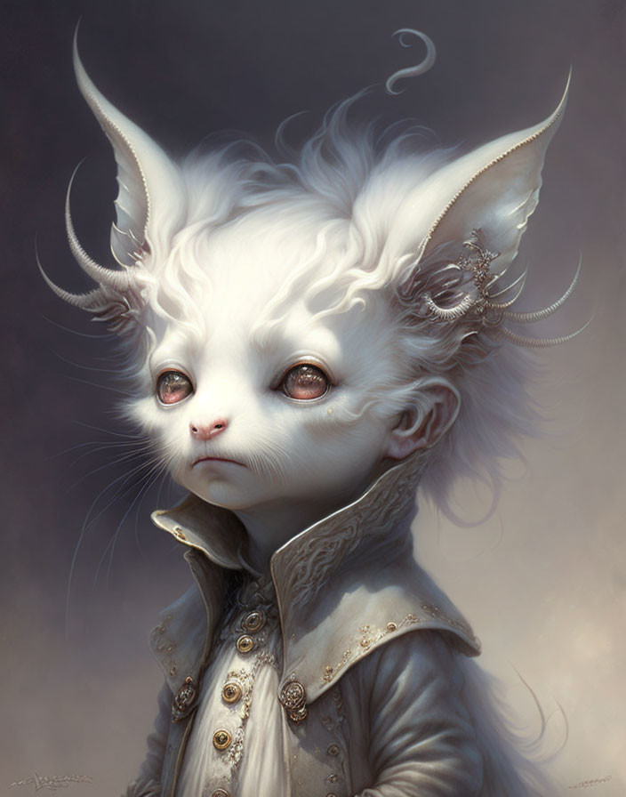 Anthropomorphic feline creature with large horns and ornate jacket