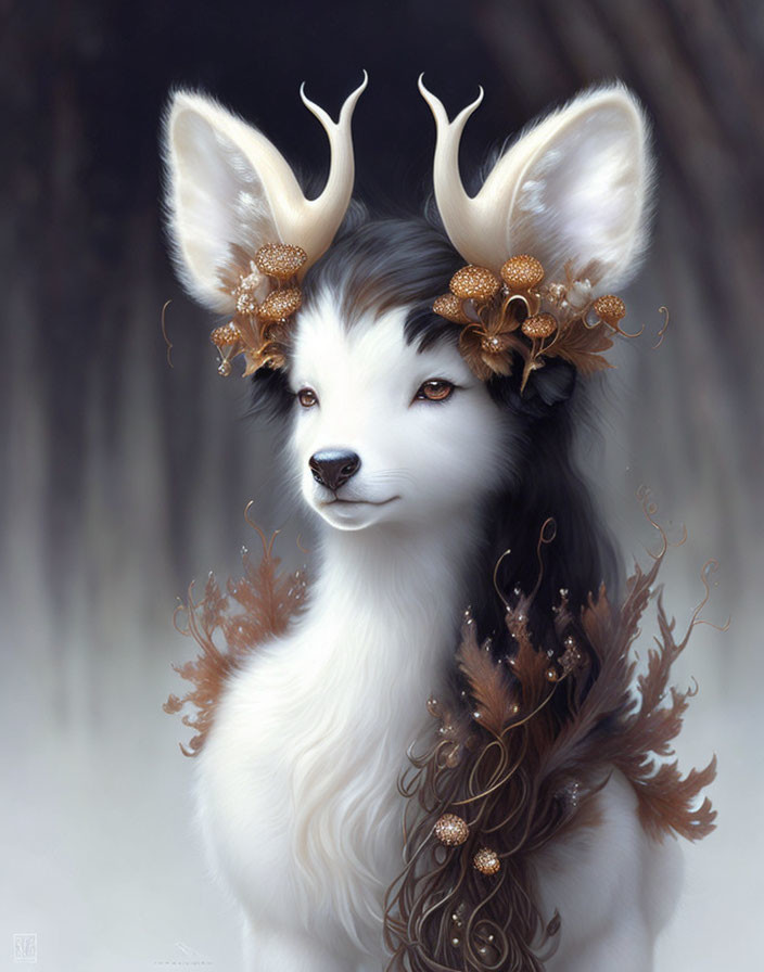 Fox-like creature with antlers and flowers in forest setting