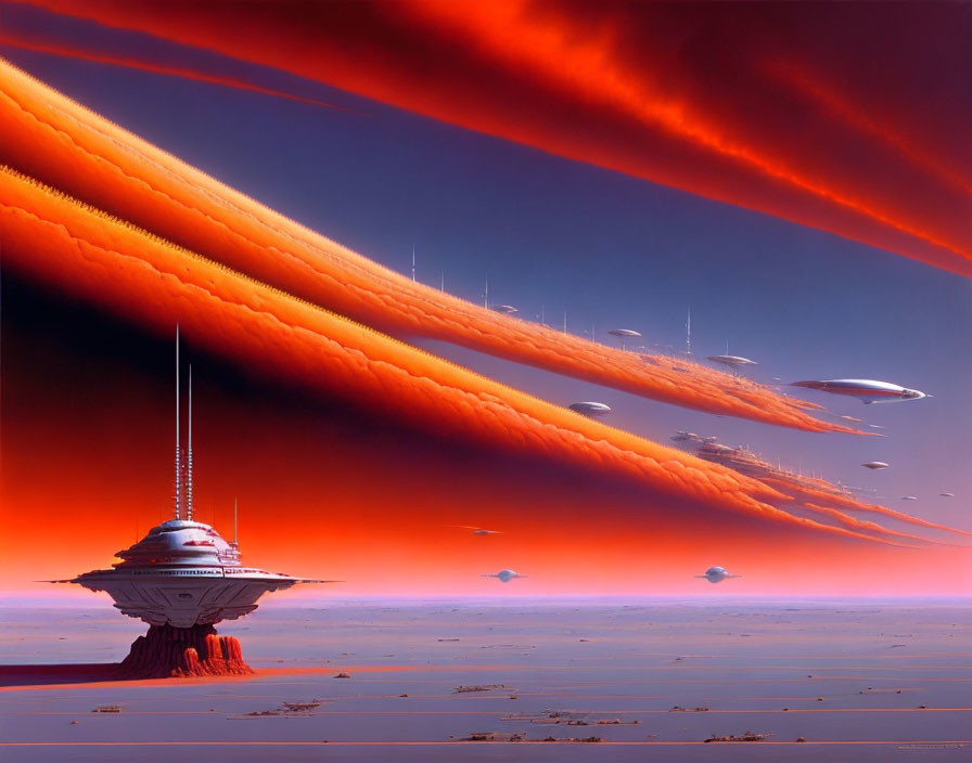 Surreal alien landscape: crimson skies, futuristic tower, floating structures