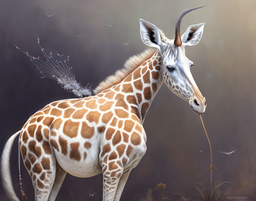 Giraffe with unicorn horn and dragonfly wings holding dandelion seed in mouth