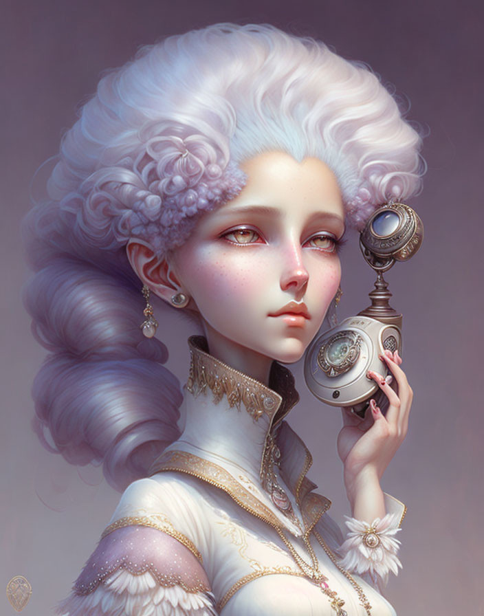 Elaborate white-haired female holding Victorian-style phone