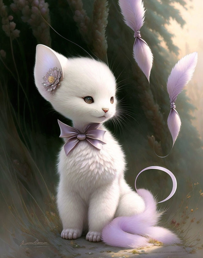 White Kitten Illustration with Pink Accents and Feathers on Nature Background