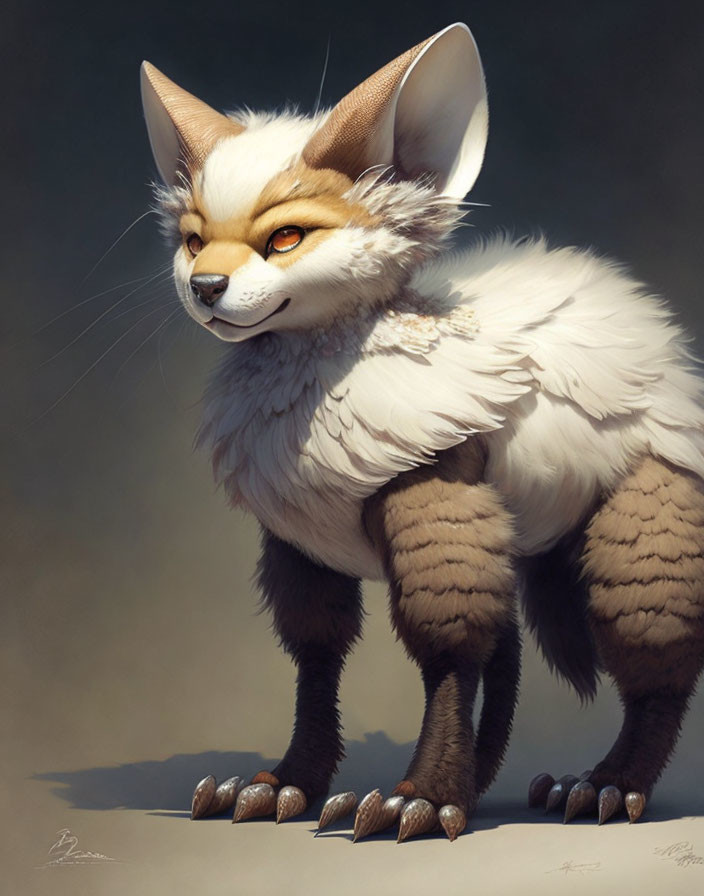 Illustrated creature with fox body, large pointy ears, white/brown fur, sharp claws