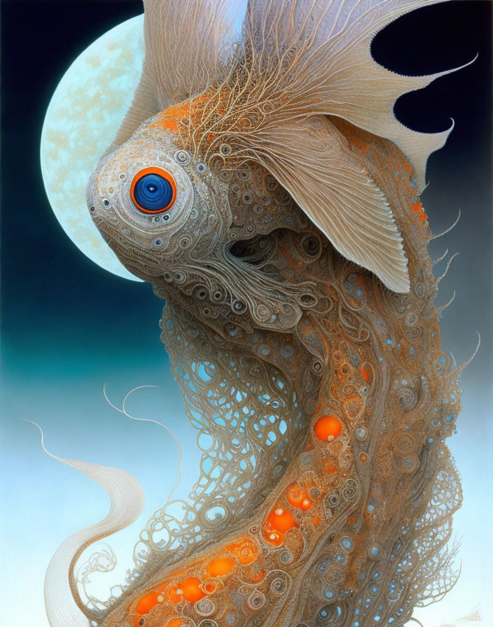 Intricate surreal creature with one large eye and orange orbs under moonlit sky