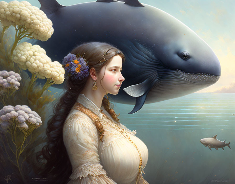 Woman with braided hair and whale in fantasy portrait.