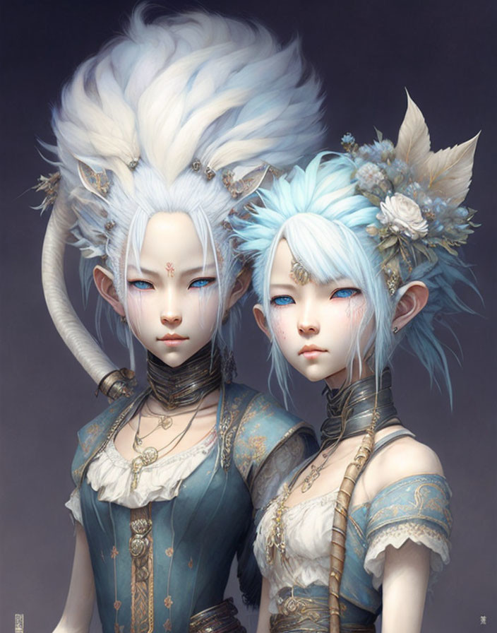 Pale-skinned fantasy characters with white-blue hair in regal and ethereal attire.